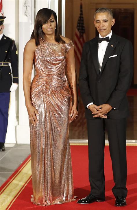 atelier versace chainmail couture gown michelle obama|Obama rose gold dresses.